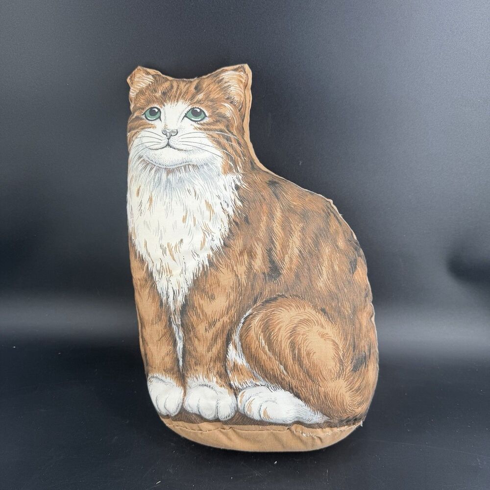 Vintage Cat Throw Pillow Kitty Shaped Tabby 12” Standing 70s Hand Sewn
